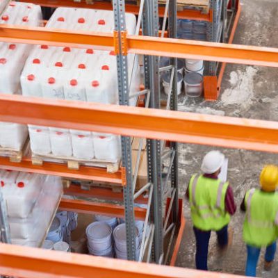 Above view background image of tall shelves in modern warehouse with two unrecognizable workers  in aisle, copy space
